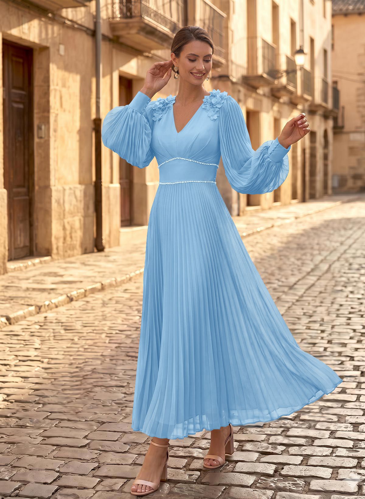 A-Line V-Neck Long Sleeves Ankle-Length Chiffon Mother Of The Bride Dresses