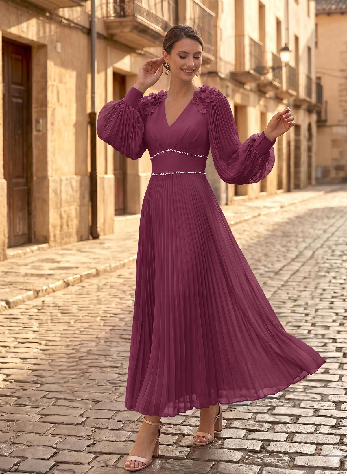 A-Line V-Neck Long Sleeves Ankle-Length Chiffon Mother Of The Bride Dresses