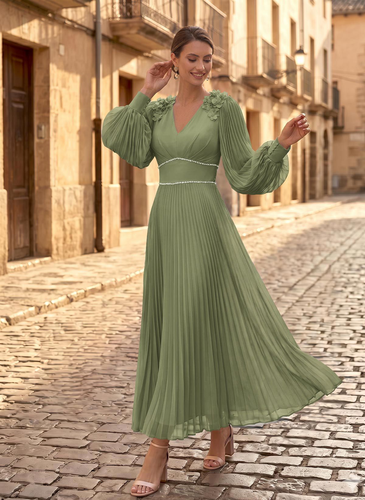 A-Line V-Neck Long Sleeves Ankle-Length Chiffon Mother Of The Bride Dresses