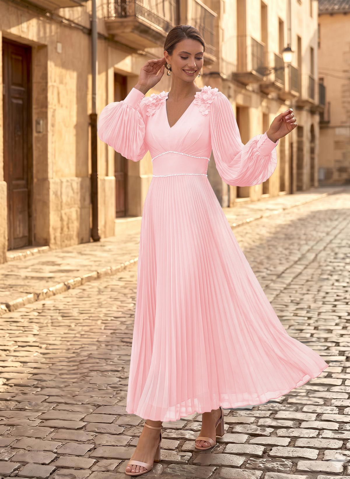 A-Line V-Neck Long Sleeves Ankle-Length Chiffon Mother Of The Bride Dresses