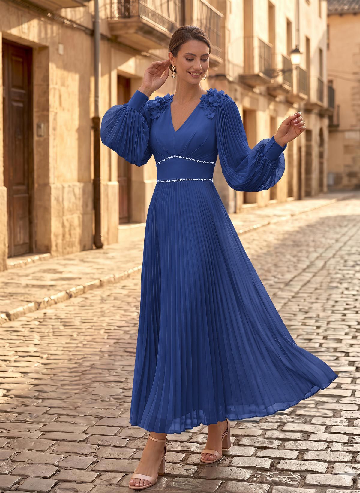A-Line V-Neck Long Sleeves Ankle-Length Chiffon Mother Of The Bride Dresses