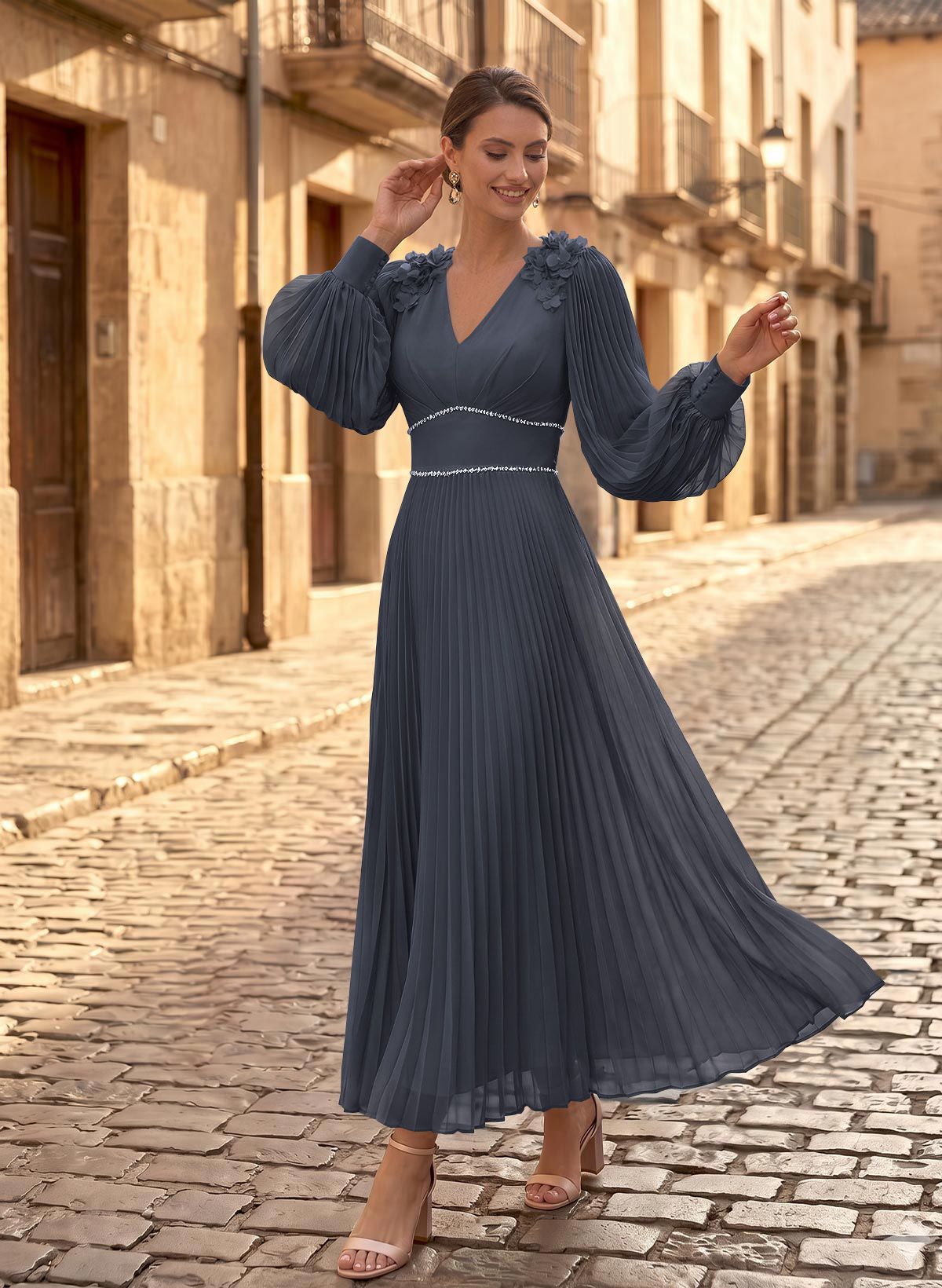A-Line V-Neck Long Sleeves Ankle-Length Chiffon Mother Of The Bride Dresses