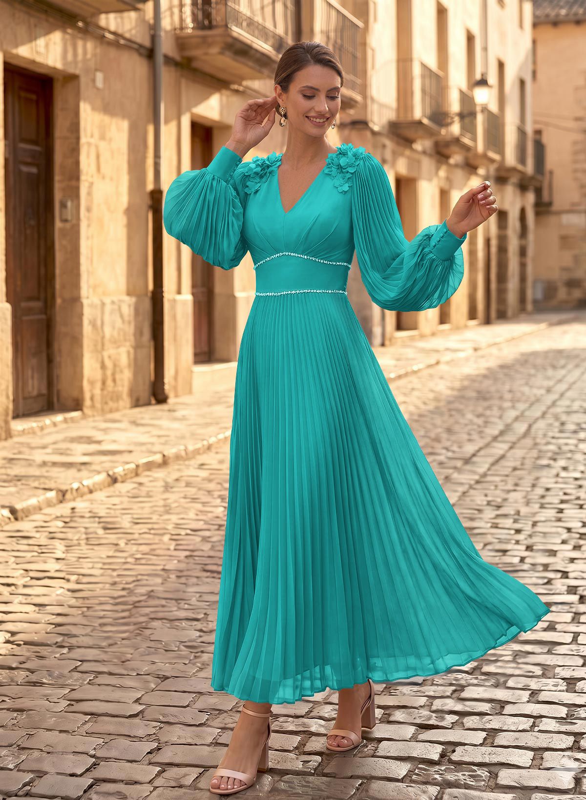 A-Line V-Neck Long Sleeves Ankle-Length Chiffon Mother Of The Bride Dresses