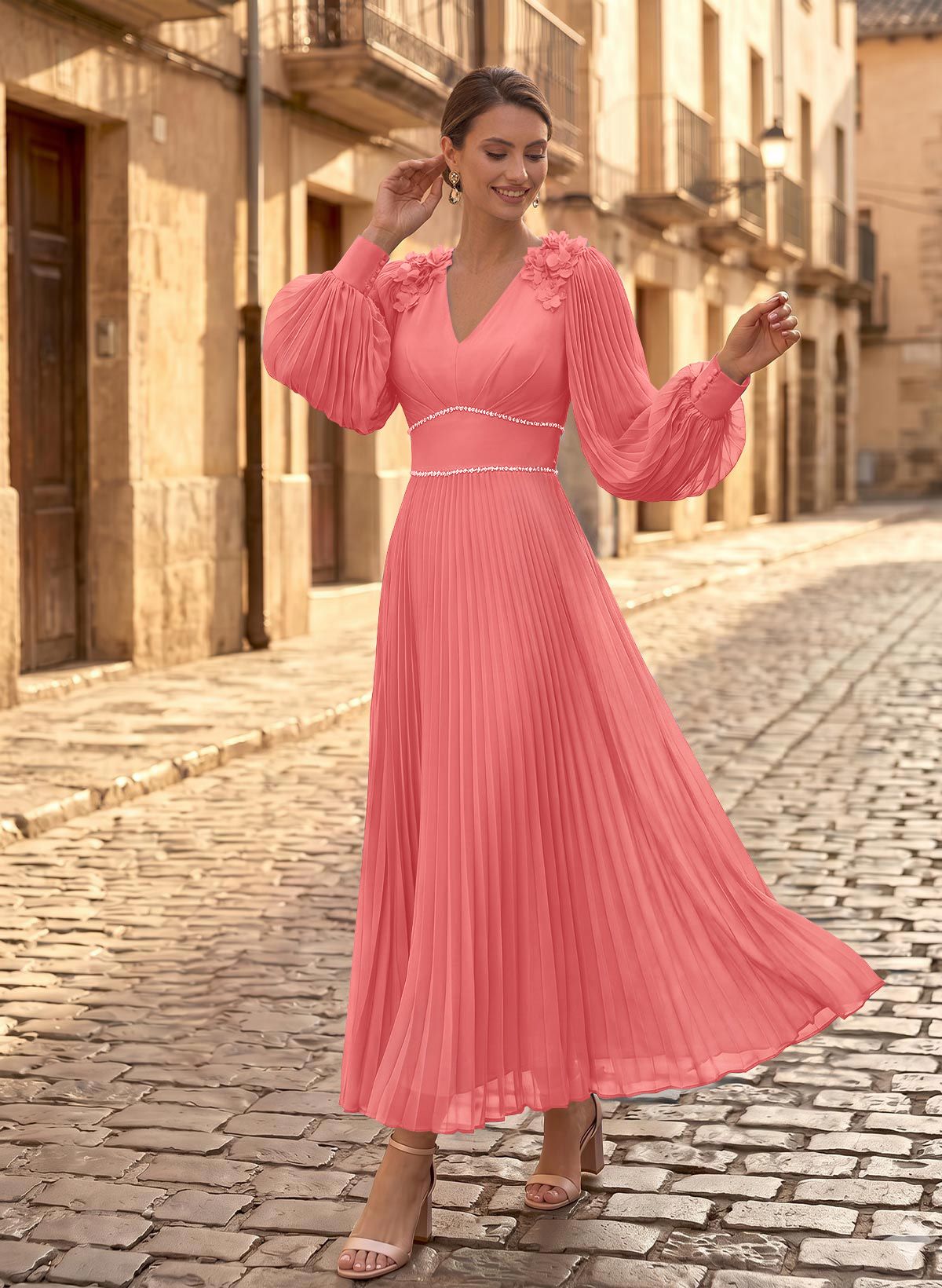 A-Line V-Neck Long Sleeves Ankle-Length Chiffon Mother Of The Bride Dresses