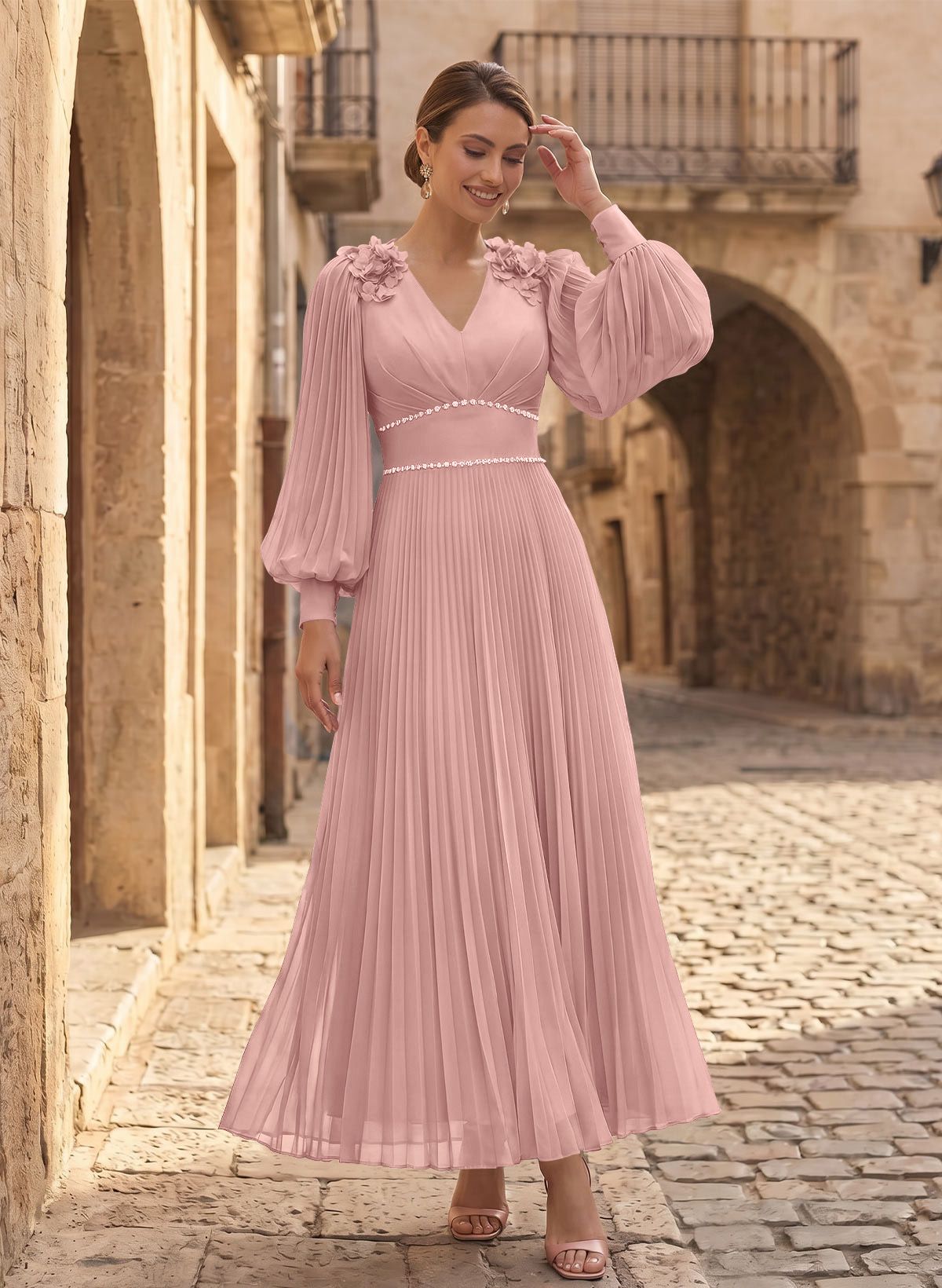 A-Line V-Neck Long Sleeves Ankle-Length Chiffon Mother Of The Bride Dresses
