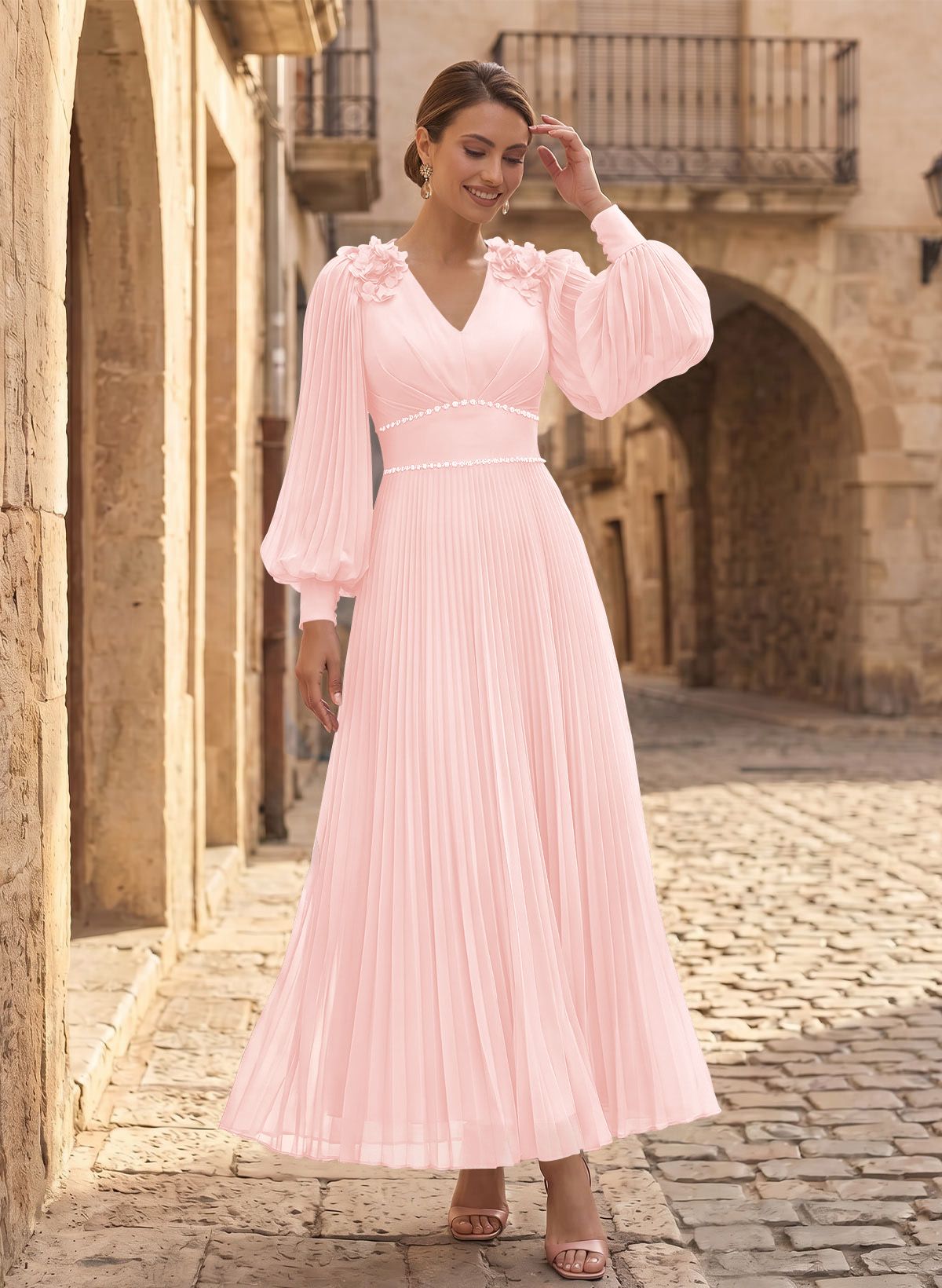 A-Line V-Neck Long Sleeves Ankle-Length Chiffon Mother Of The Bride Dresses