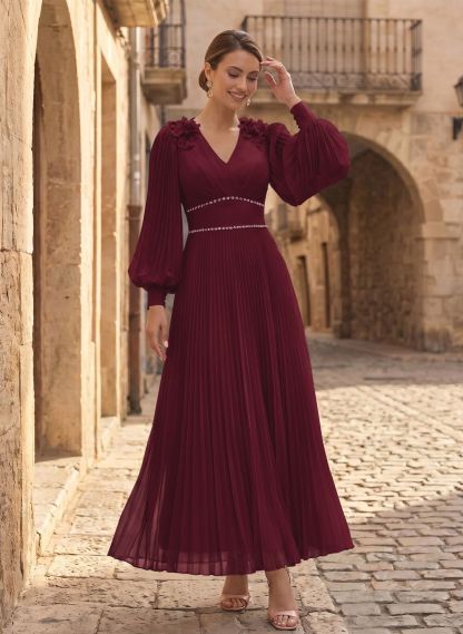 A-Line V-Neck Long Sleeves Ankle-Length Chiffon Mother Of The Bride Dresses