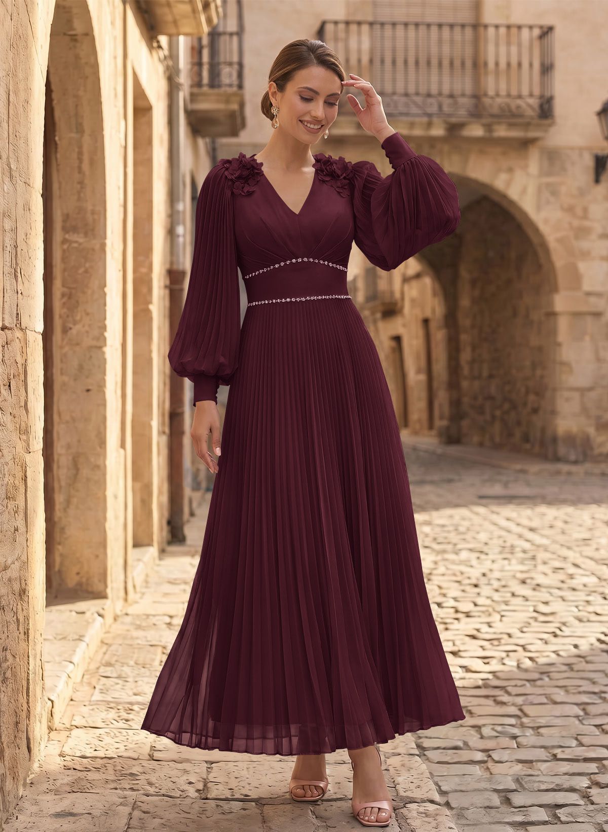 A-Line V-Neck Long Sleeves Ankle-Length Chiffon Mother Of The Bride Dresses