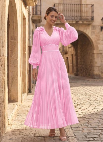 A-Line V-Neck Long Sleeves Ankle-Length Chiffon Mother Of The Bride Dresses