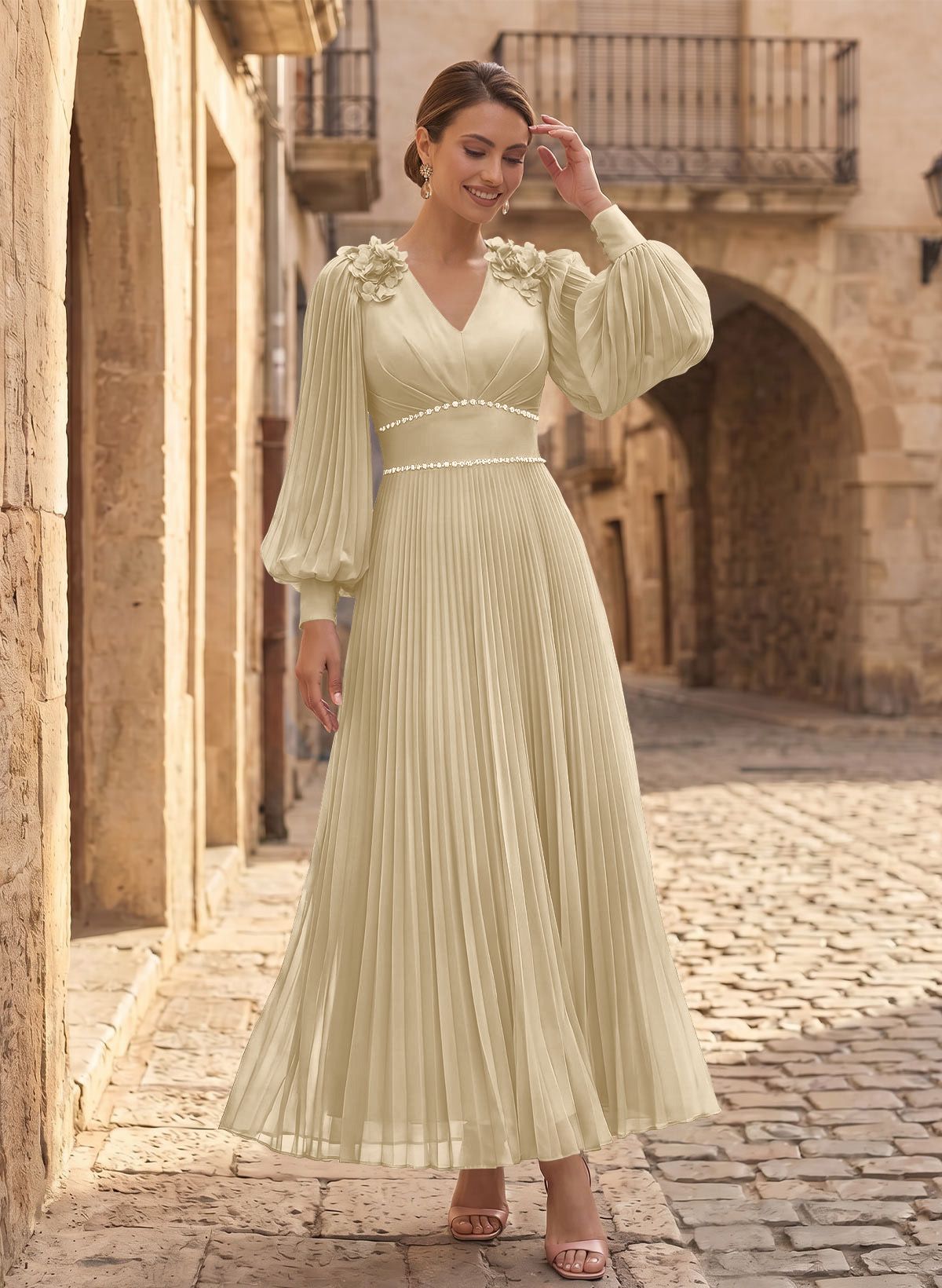A-Line V-Neck Long Sleeves Ankle-Length Chiffon Mother Of The Bride Dresses