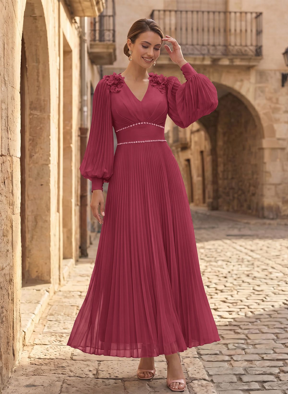 A-Line V-Neck Long Sleeves Ankle-Length Chiffon Mother Of The Bride Dresses