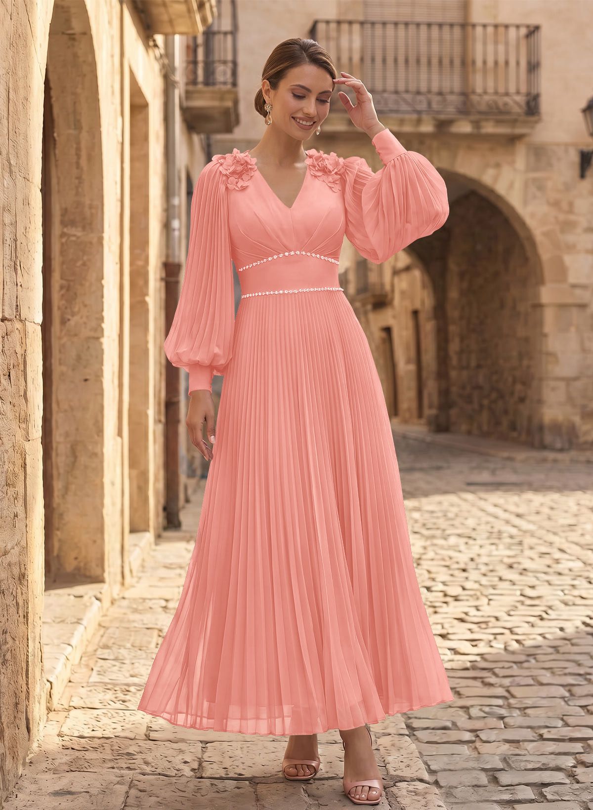 A-Line V-Neck Long Sleeves Ankle-Length Chiffon Mother Of The Bride Dresses