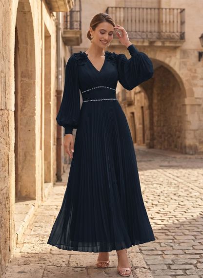 A-Line V-Neck Long Sleeves Ankle-Length Chiffon Mother Of The Bride Dresses
