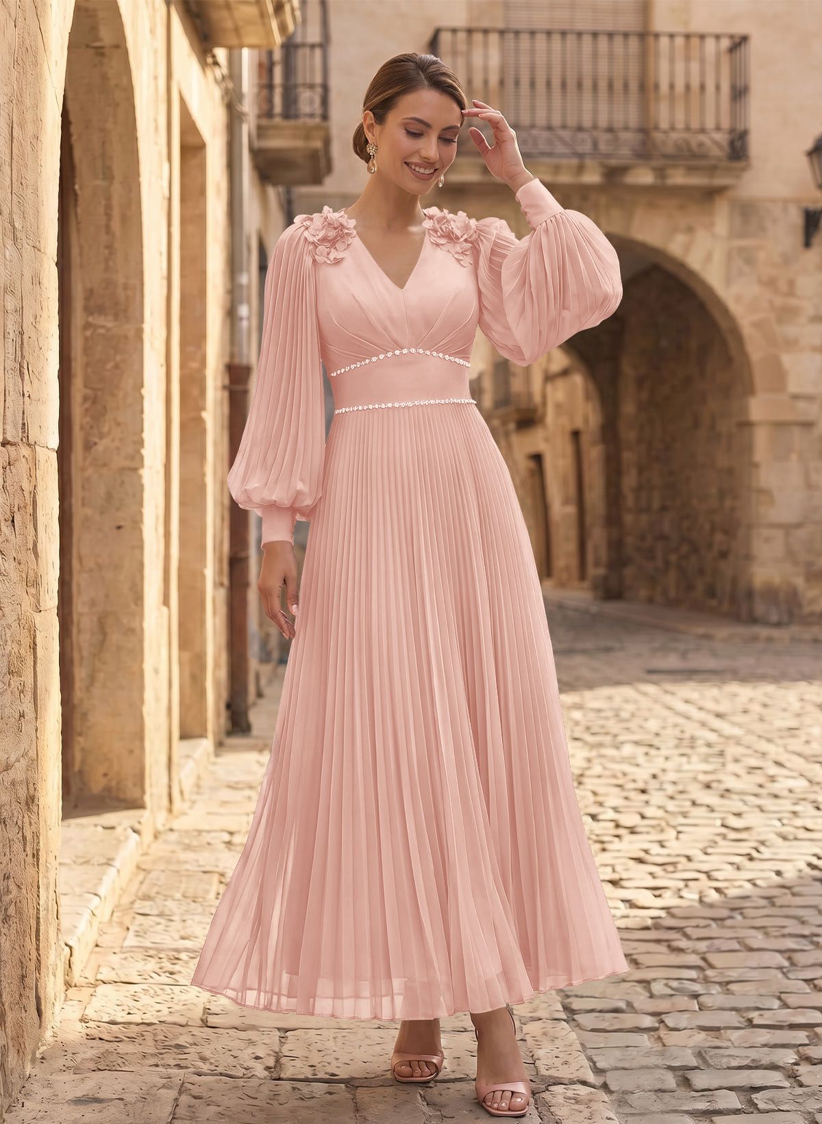 A-Line V-Neck Long Sleeves Ankle-Length Chiffon Mother Of The Bride Dresses