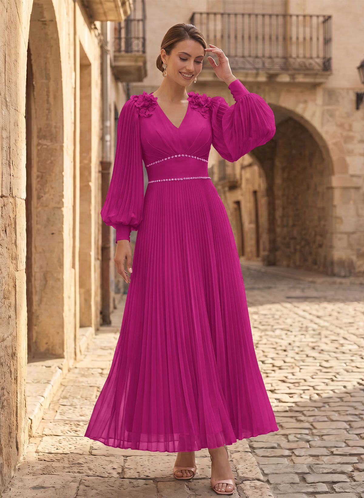 A-Line V-Neck Long Sleeves Ankle-Length Chiffon Mother Of The Bride Dresses