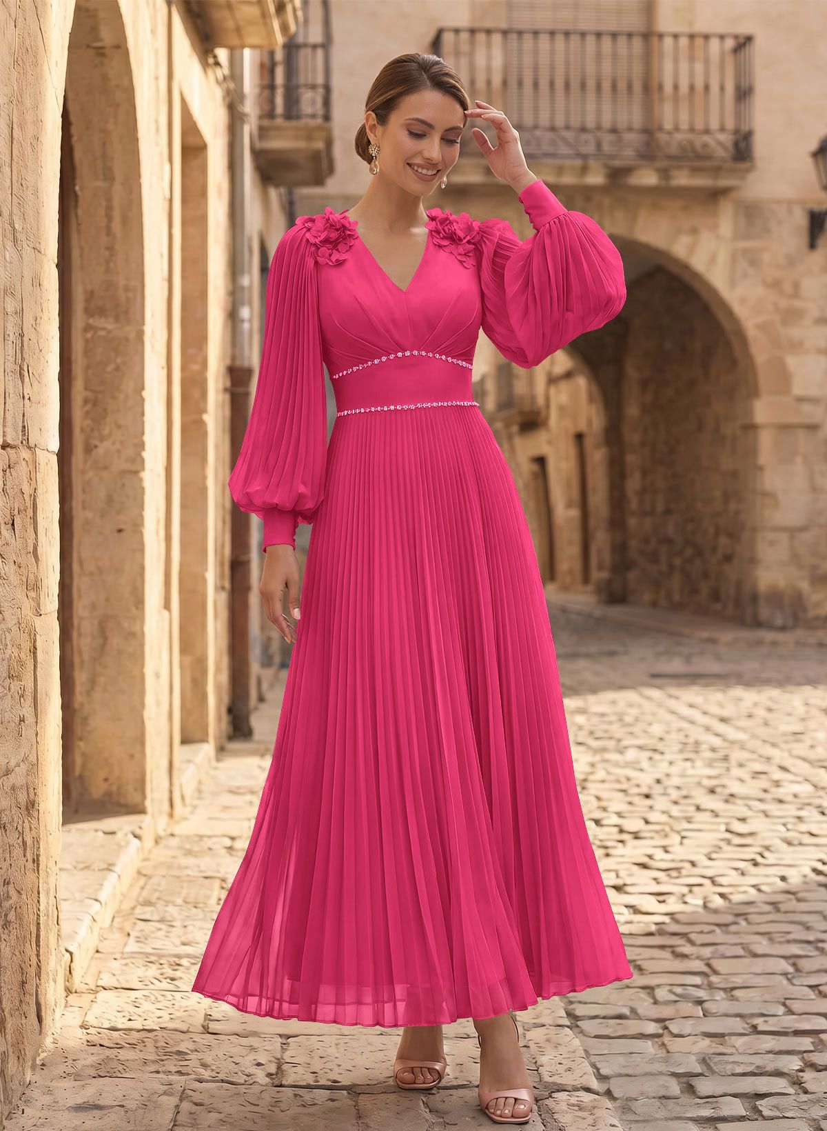 A-Line V-Neck Long Sleeves Ankle-Length Chiffon Mother Of The Bride Dresses