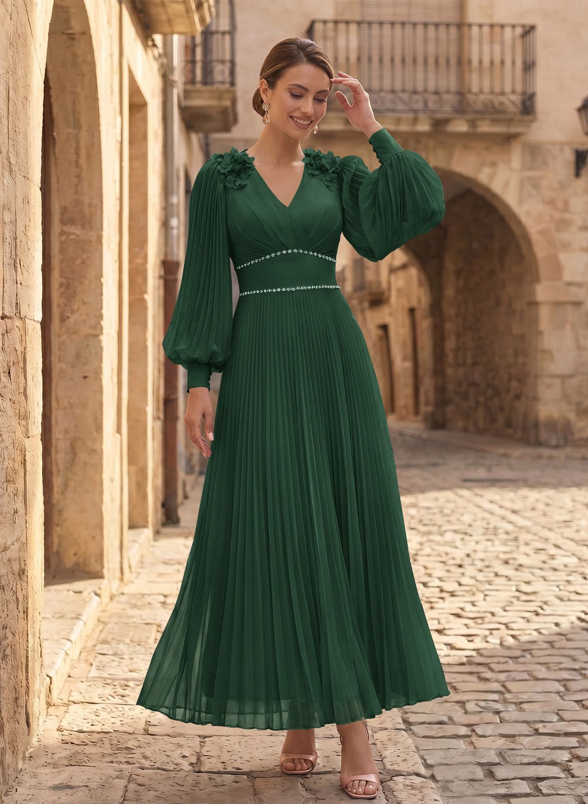 A-Line V-Neck Long Sleeves Ankle-Length Chiffon Mother Of The Bride Dresses