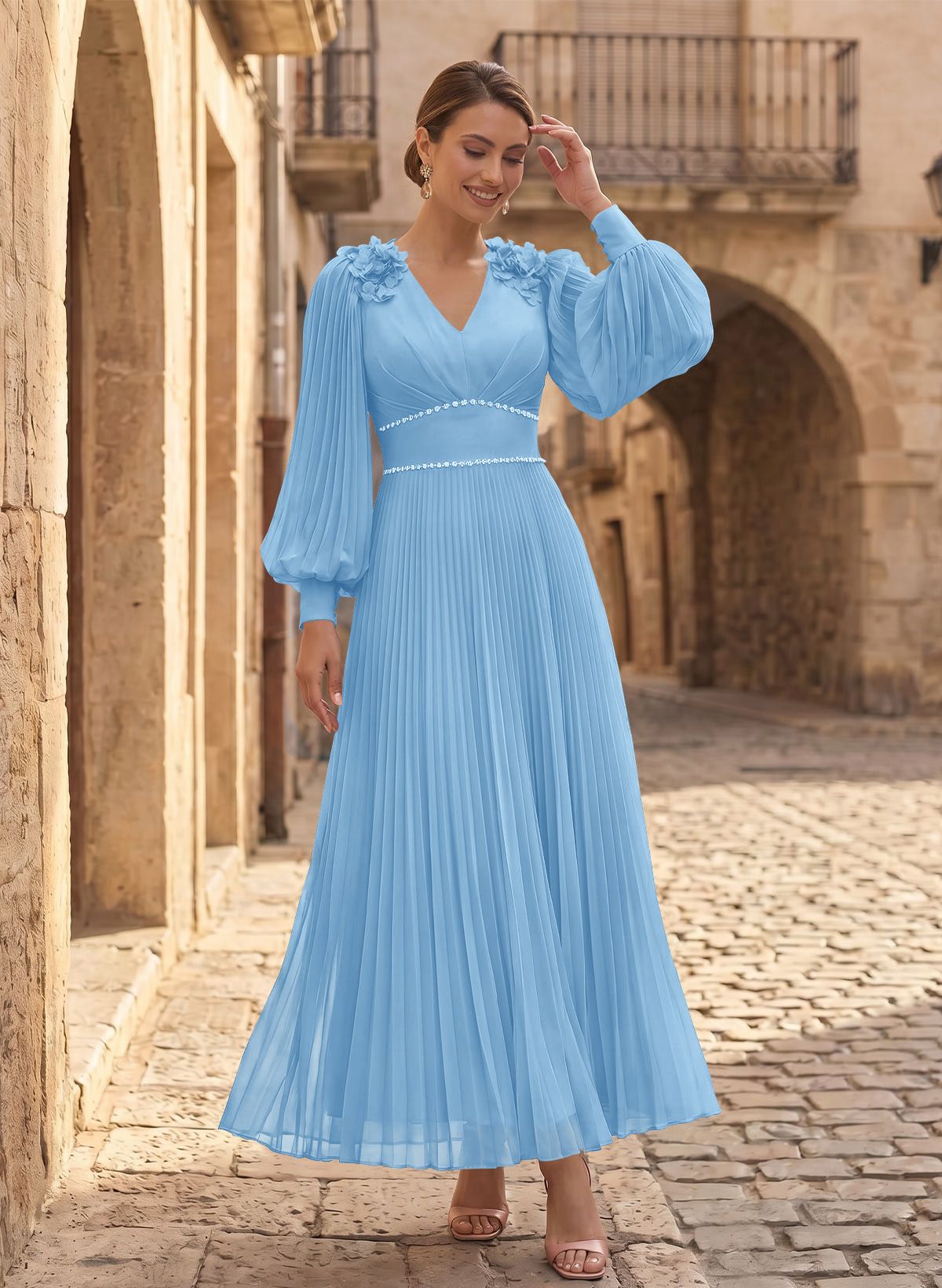 A-Line V-Neck Long Sleeves Ankle-Length Chiffon Mother Of The Bride Dresses