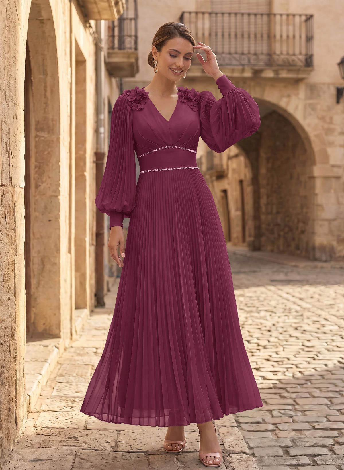 A-Line V-Neck Long Sleeves Ankle-Length Chiffon Mother Of The Bride Dresses