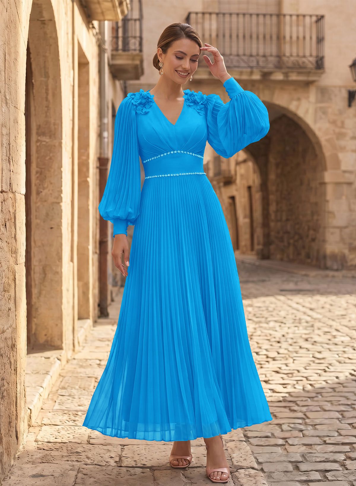 A-Line V-Neck Long Sleeves Ankle-Length Chiffon Mother Of The Bride Dresses
