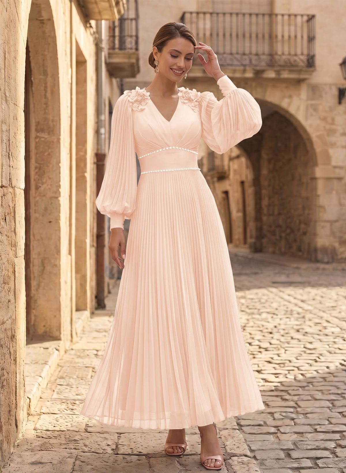 A-Line V-Neck Long Sleeves Ankle-Length Chiffon Mother Of The Bride Dresses
