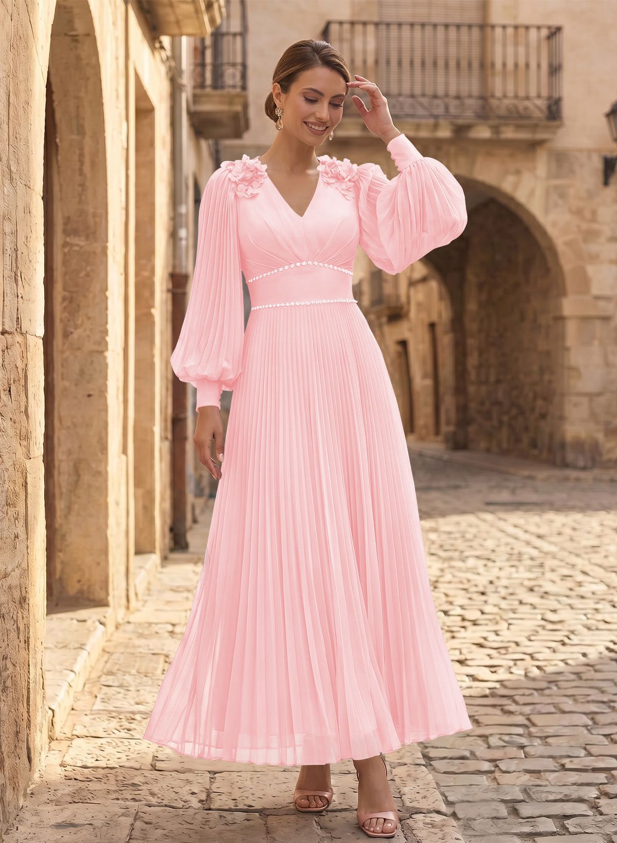 A-Line V-Neck Long Sleeves Ankle-Length Chiffon Mother Of The Bride Dresses