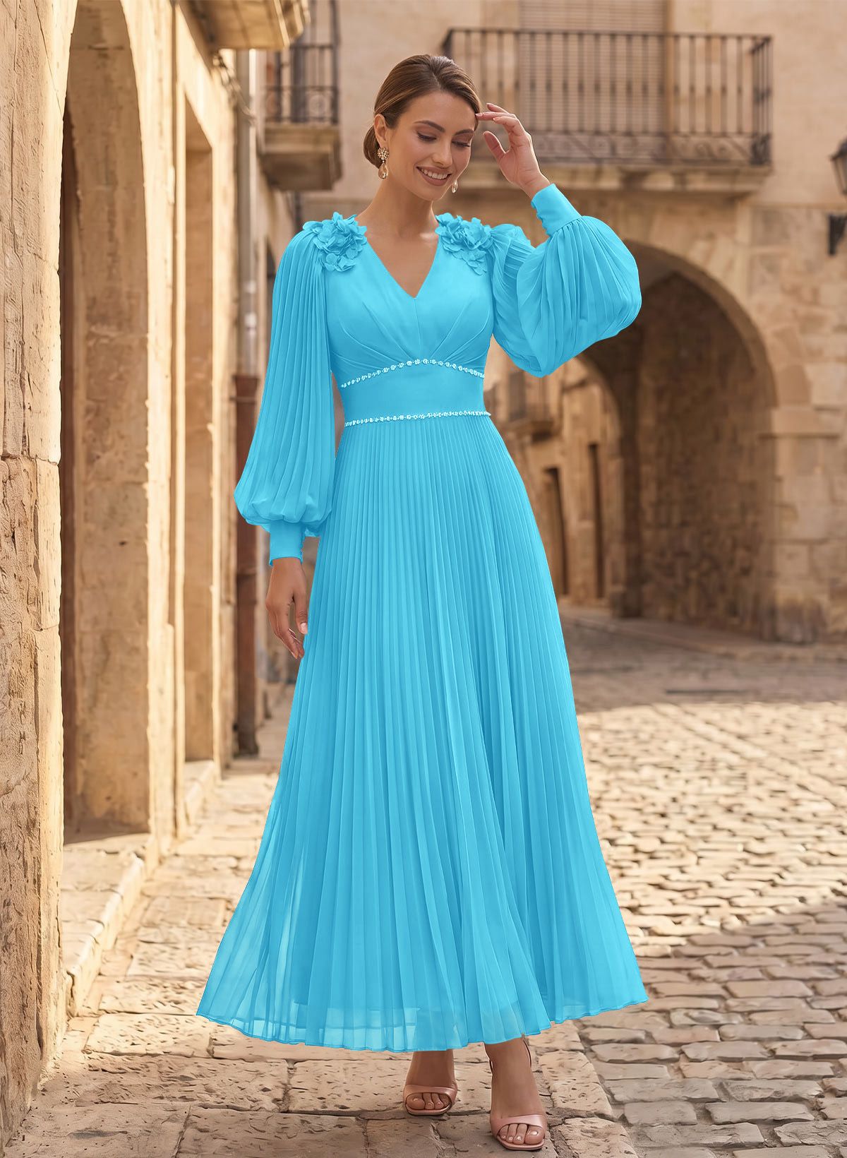 A-Line V-Neck Long Sleeves Ankle-Length Chiffon Mother Of The Bride Dresses