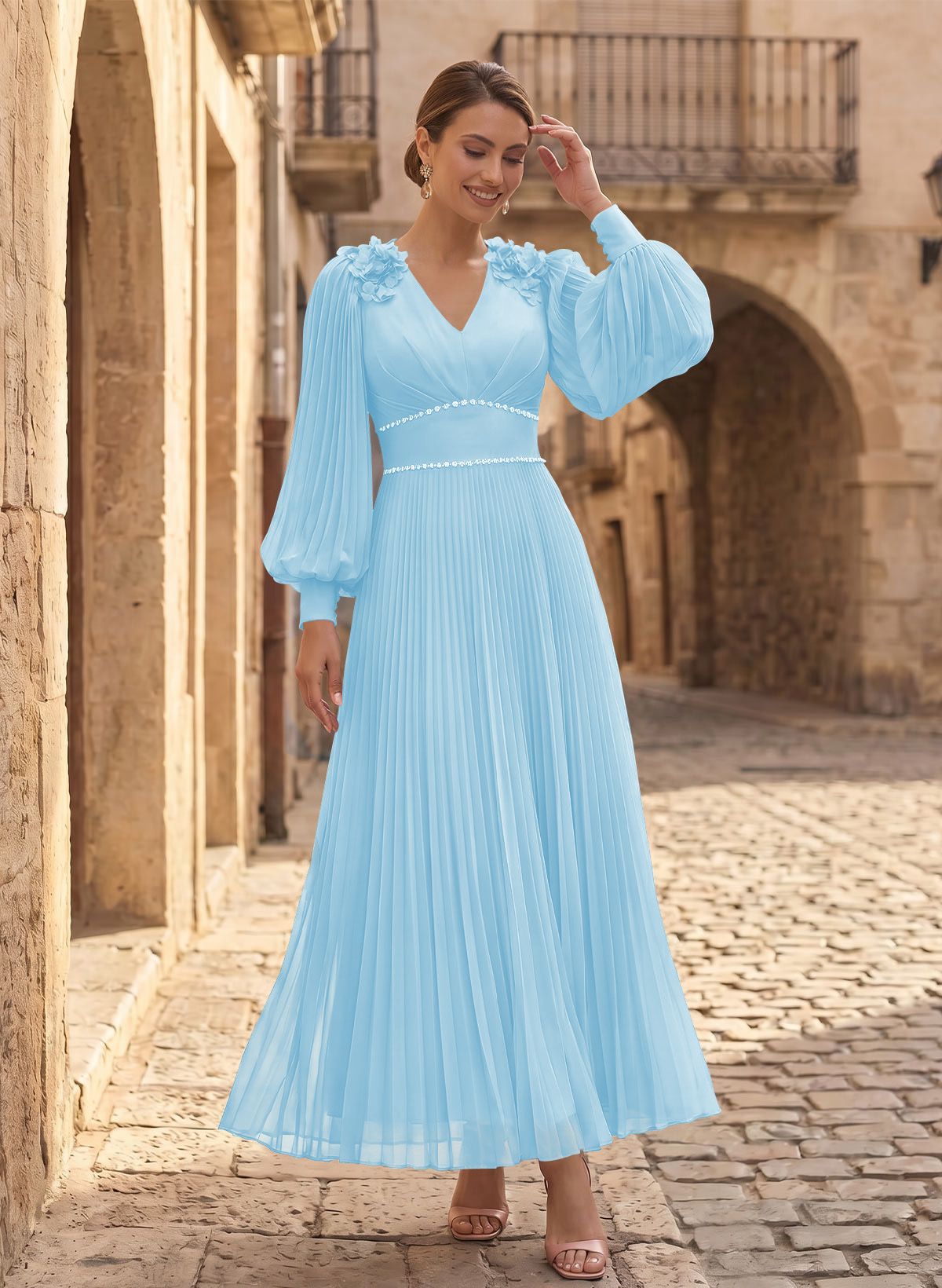 A-Line V-Neck Long Sleeves Ankle-Length Chiffon Mother Of The Bride Dresses
