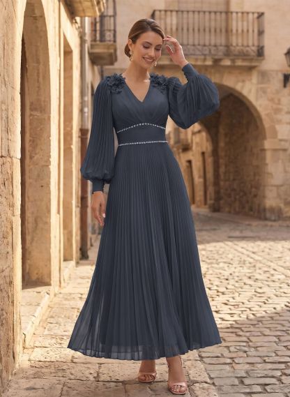 A-Line V-Neck Long Sleeves Ankle-Length Chiffon Mother Of The Bride Dresses