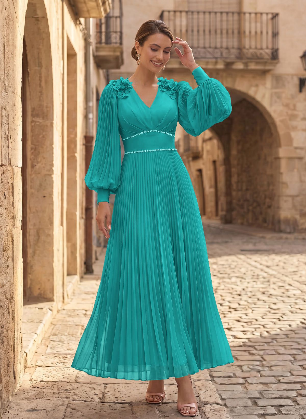 A-Line V-Neck Long Sleeves Ankle-Length Chiffon Mother Of The Bride Dresses