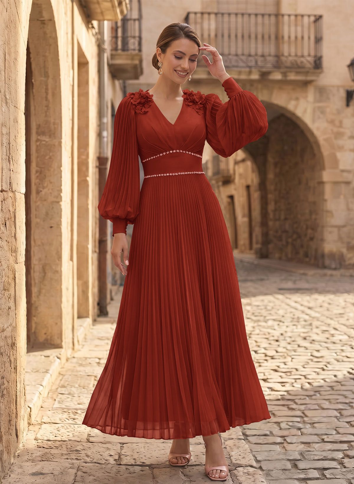 A-Line V-Neck Long Sleeves Ankle-Length Chiffon Mother Of The Bride Dresses