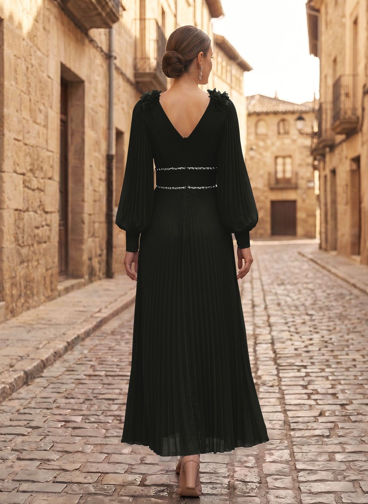 A-Line V-Neck Long Sleeves Ankle-Length Chiffon Mother Of The Bride Dresses