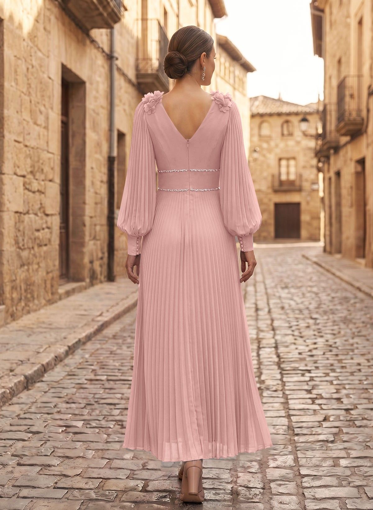 A-Line V-Neck Long Sleeves Ankle-Length Chiffon Mother Of The Bride Dresses