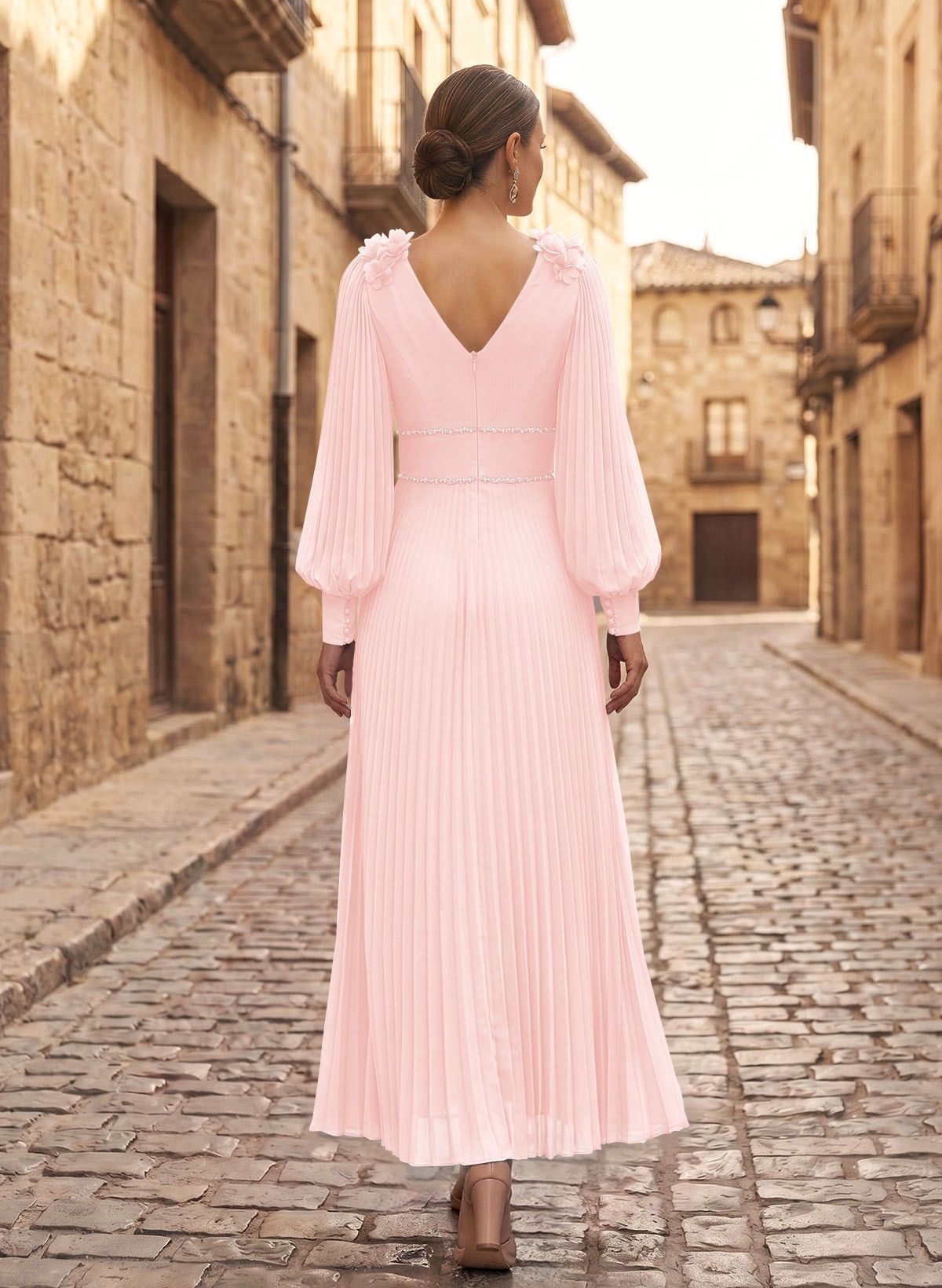 A-Line V-Neck Long Sleeves Ankle-Length Chiffon Mother Of The Bride Dresses