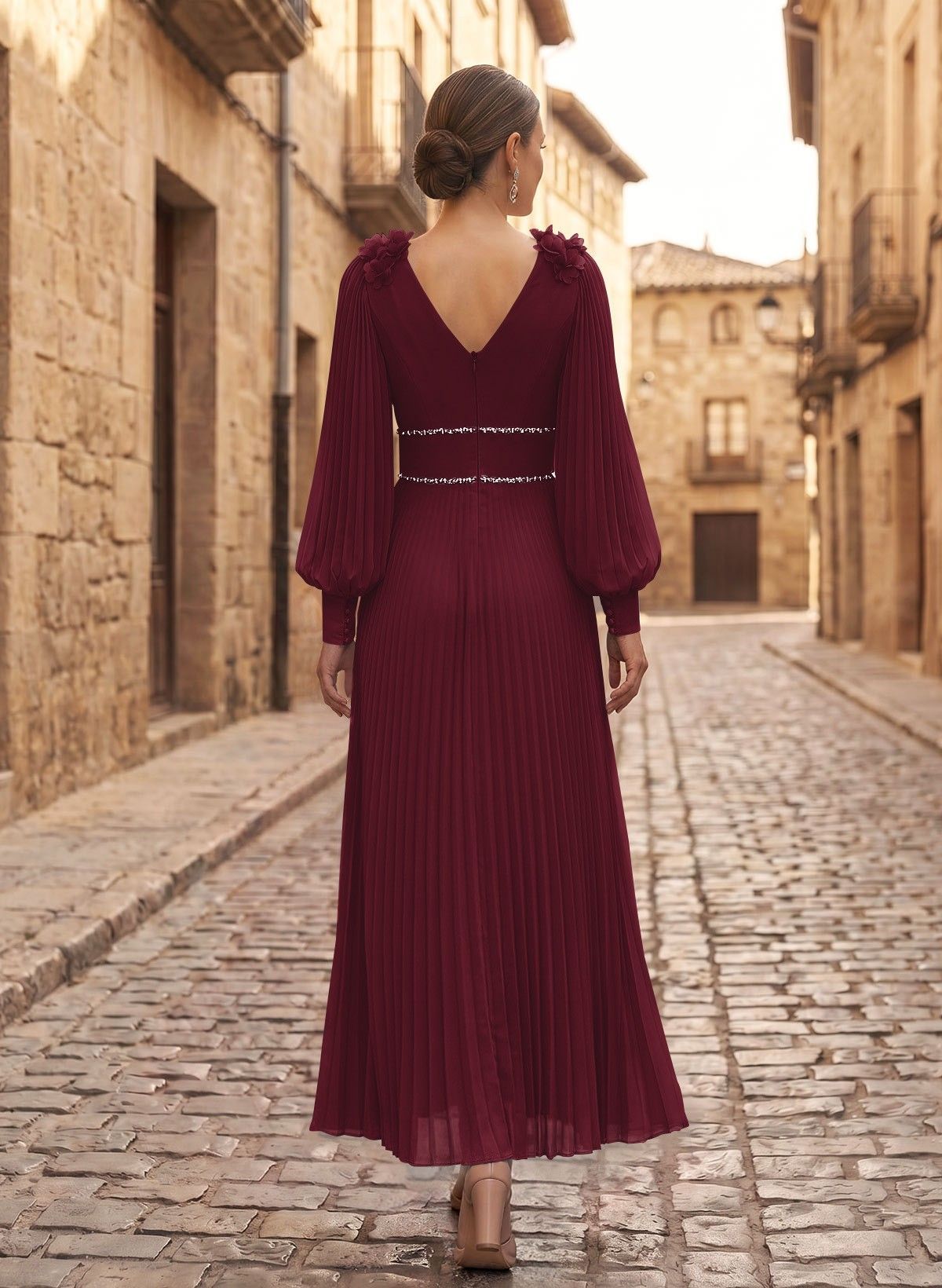 A-Line V-Neck Long Sleeves Ankle-Length Chiffon Mother Of The Bride Dresses