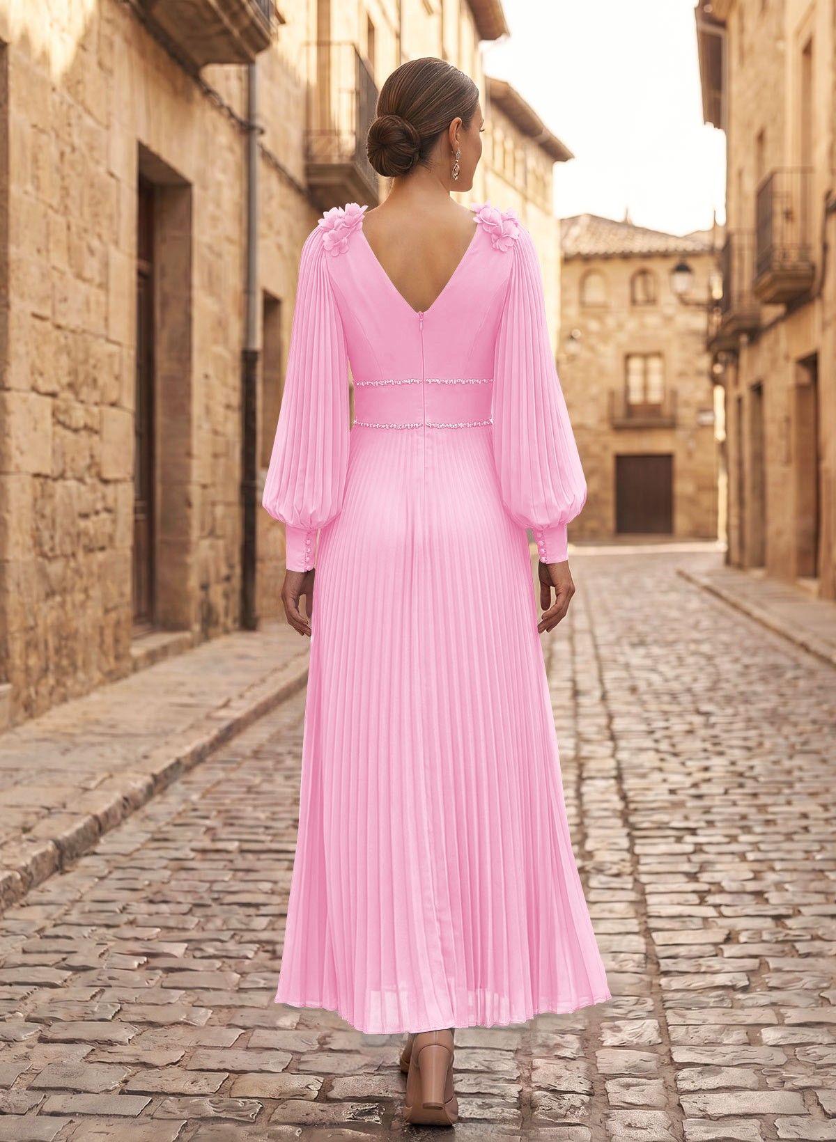 A-Line V-Neck Long Sleeves Ankle-Length Chiffon Mother Of The Bride Dresses