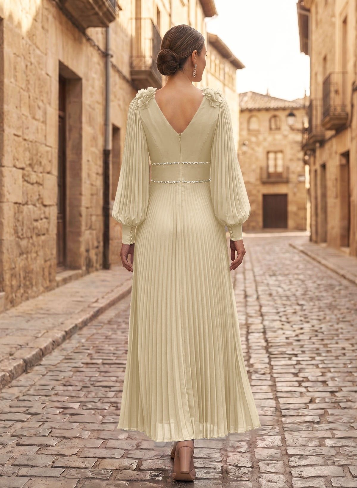 A-Line V-Neck Long Sleeves Ankle-Length Chiffon Mother Of The Bride Dresses