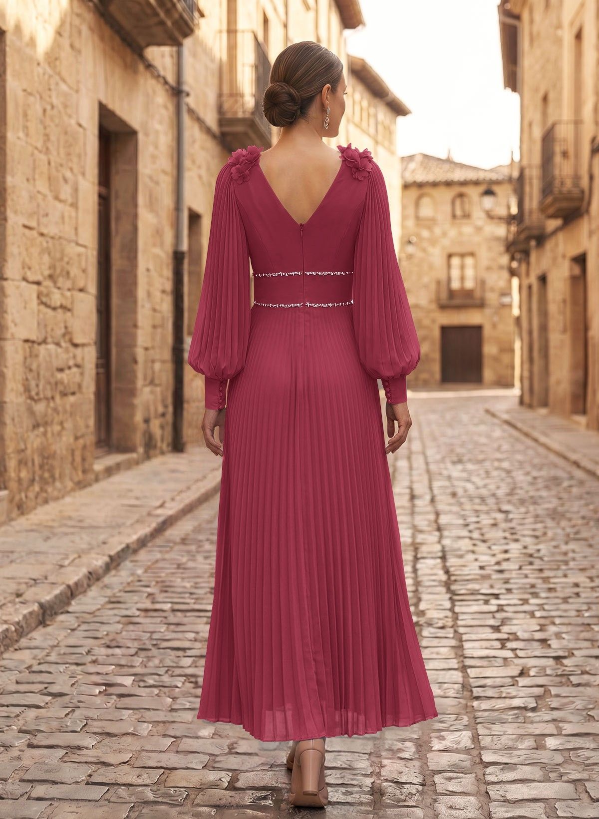 A-Line V-Neck Long Sleeves Ankle-Length Chiffon Mother Of The Bride Dresses