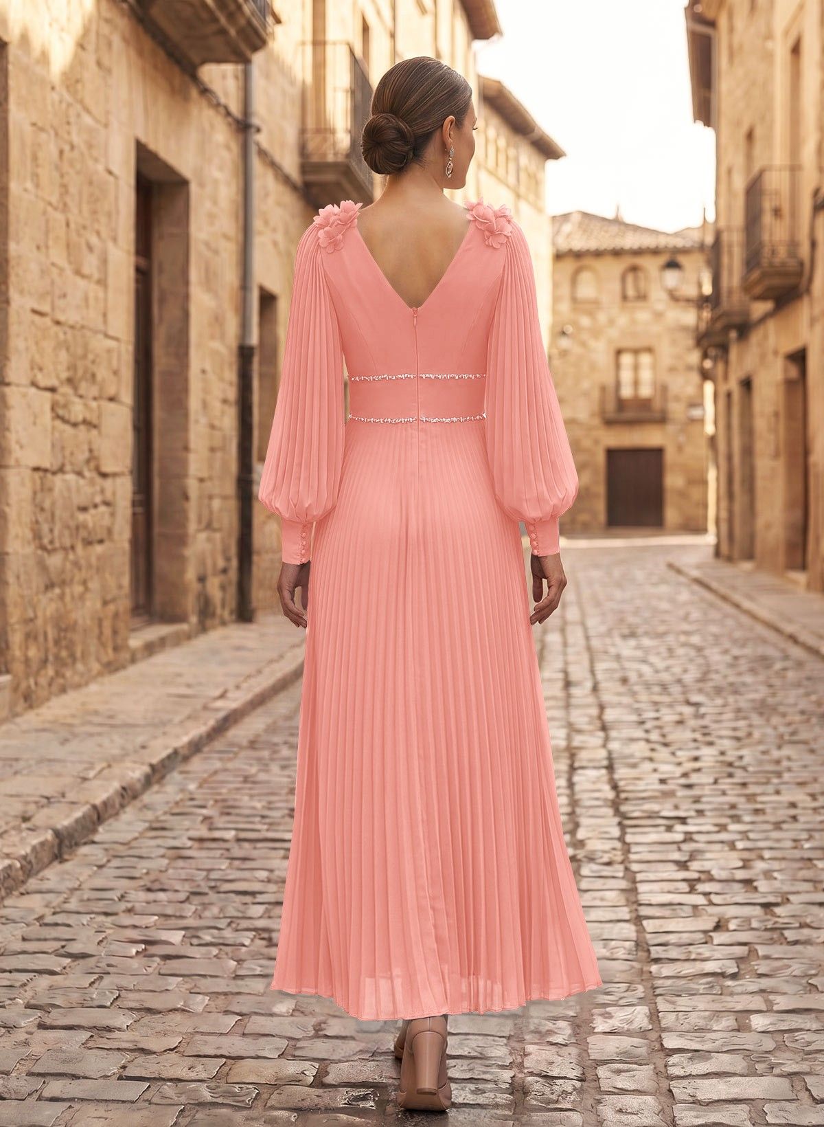A-Line V-Neck Long Sleeves Ankle-Length Chiffon Mother Of The Bride Dresses
