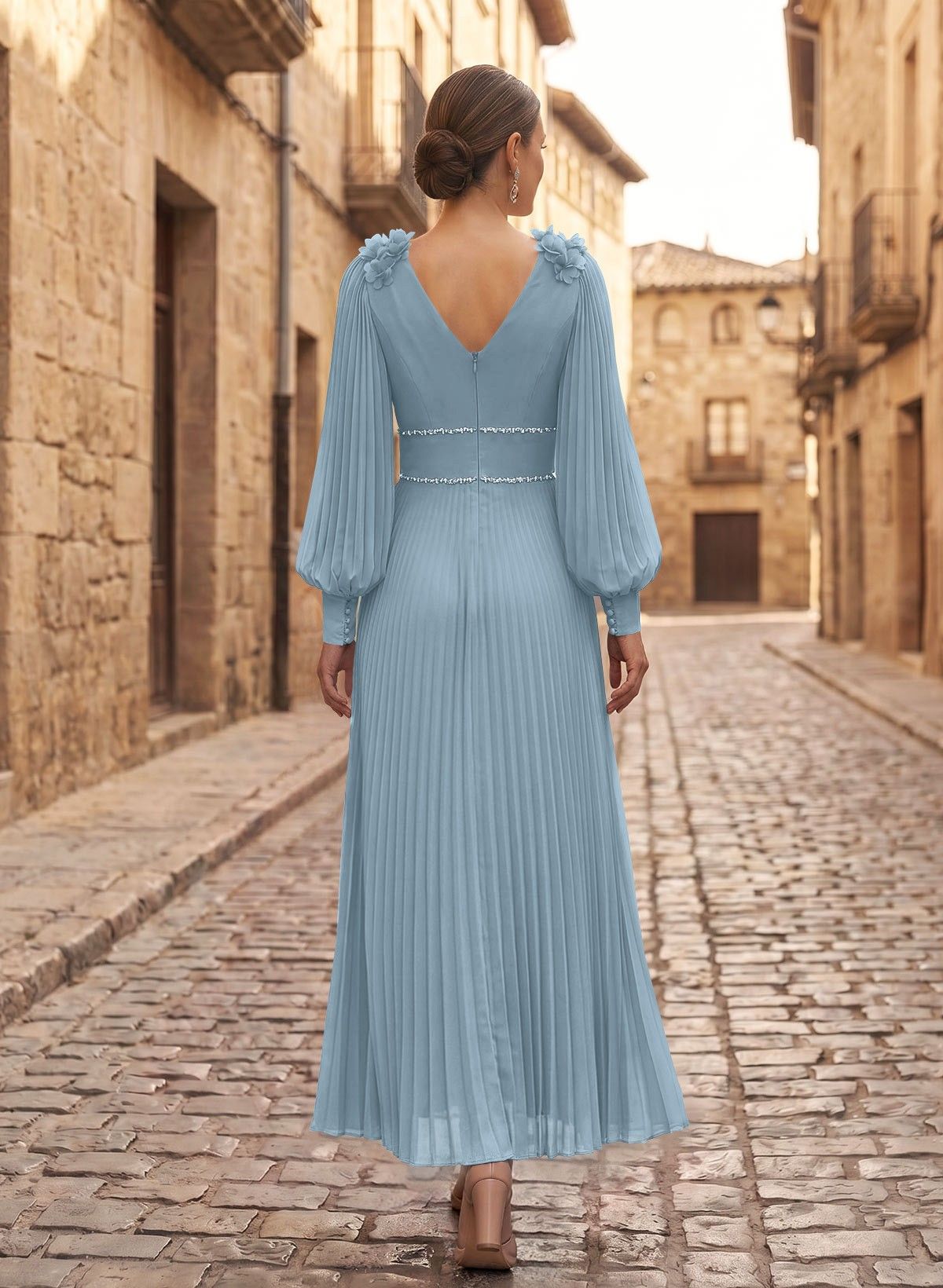 A-Line V-Neck Long Sleeves Ankle-Length Chiffon Mother Of The Bride Dresses