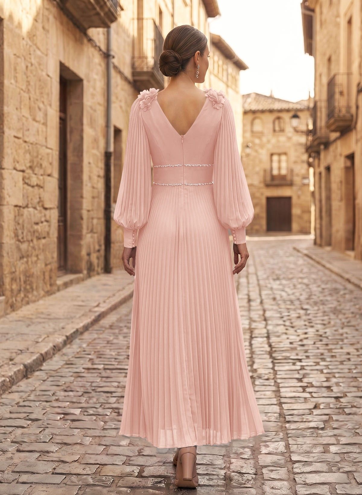A-Line V-Neck Long Sleeves Ankle-Length Chiffon Mother Of The Bride Dresses
