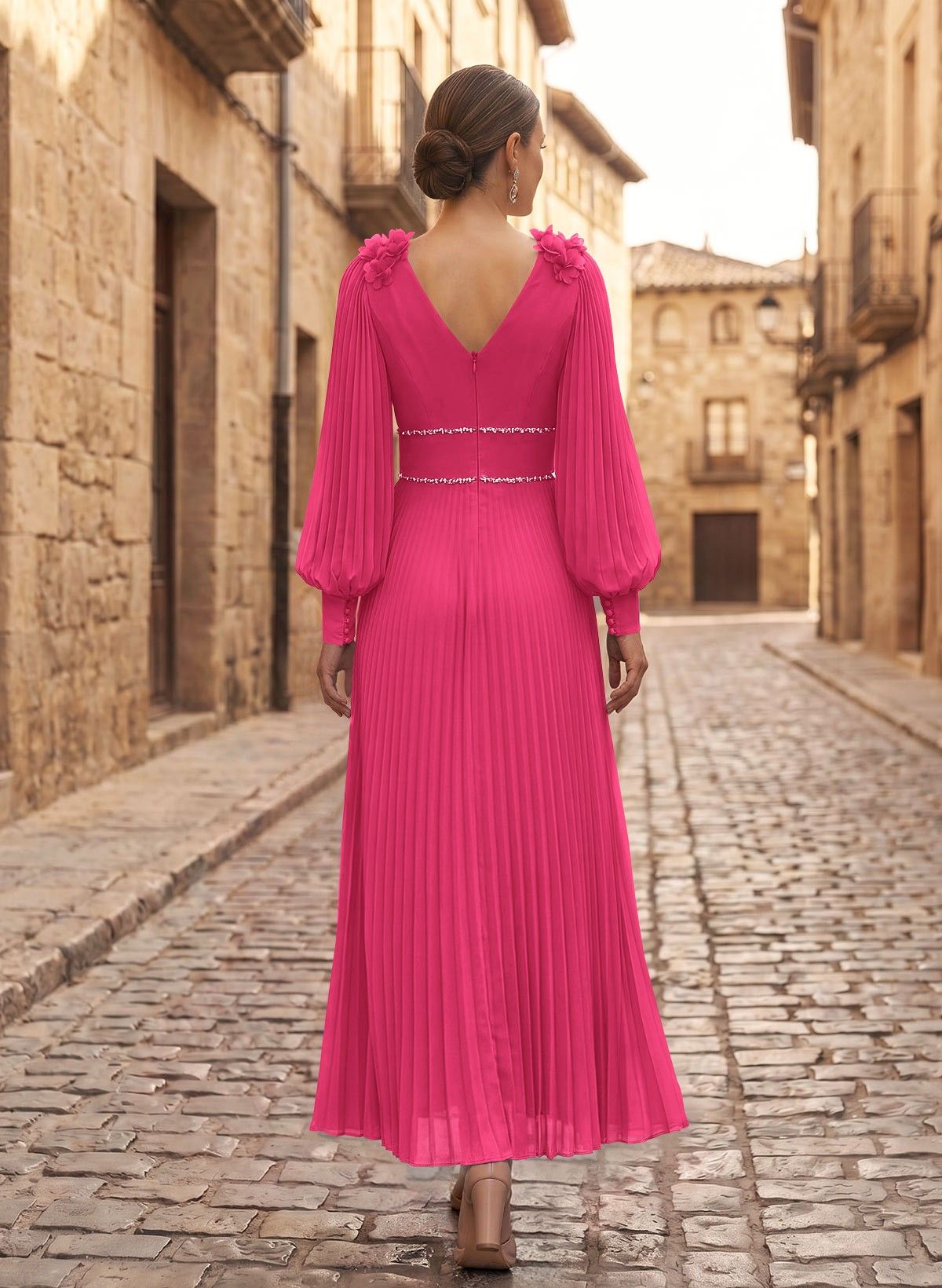 A-Line V-Neck Long Sleeves Ankle-Length Chiffon Mother Of The Bride Dresses