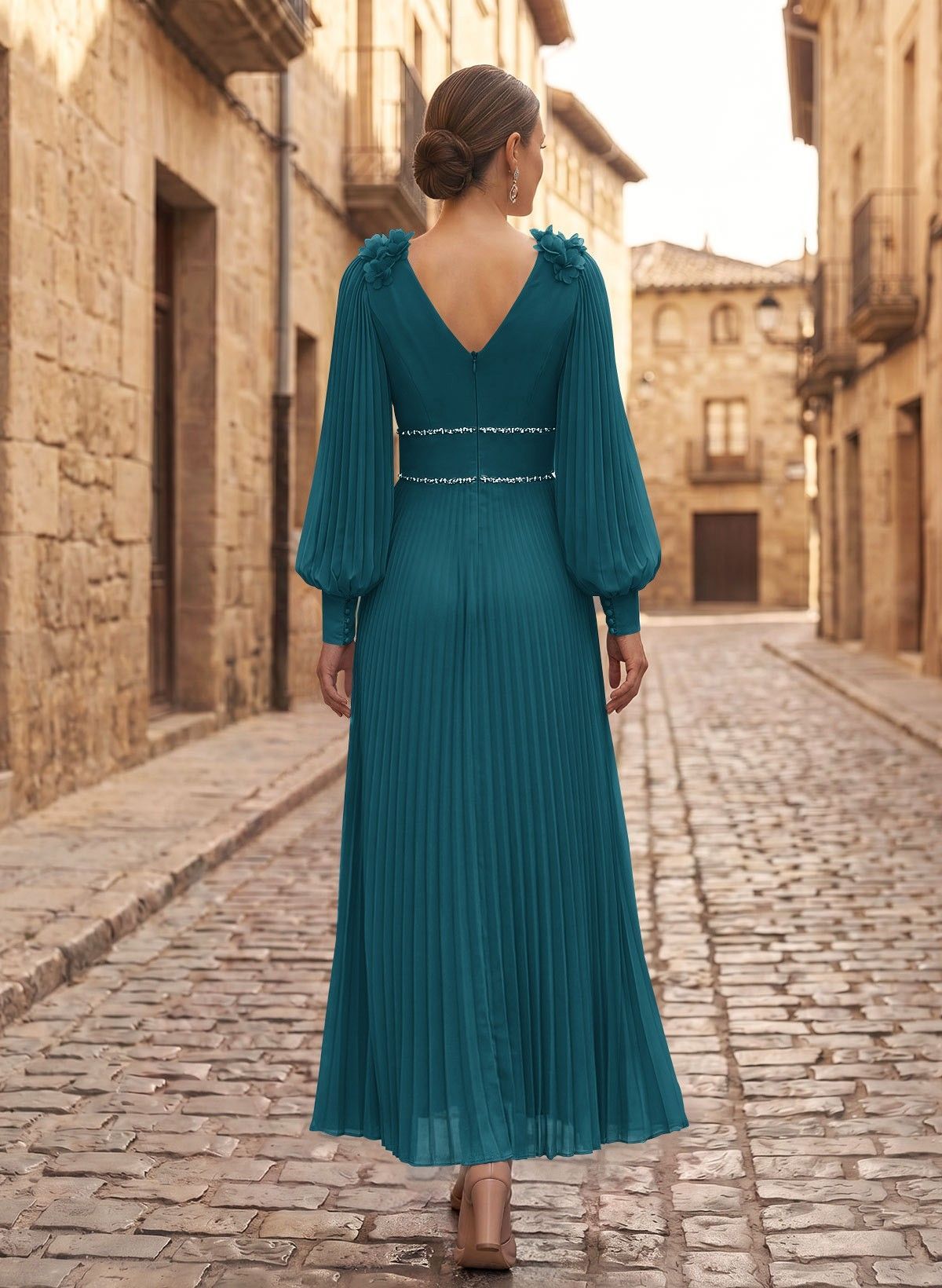 A-Line V-Neck Long Sleeves Ankle-Length Chiffon Mother Of The Bride Dresses