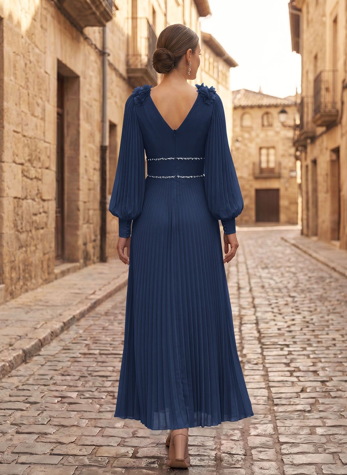 A-Line V-Neck Long Sleeves Ankle-Length Chiffon Mother Of The Bride Dresses