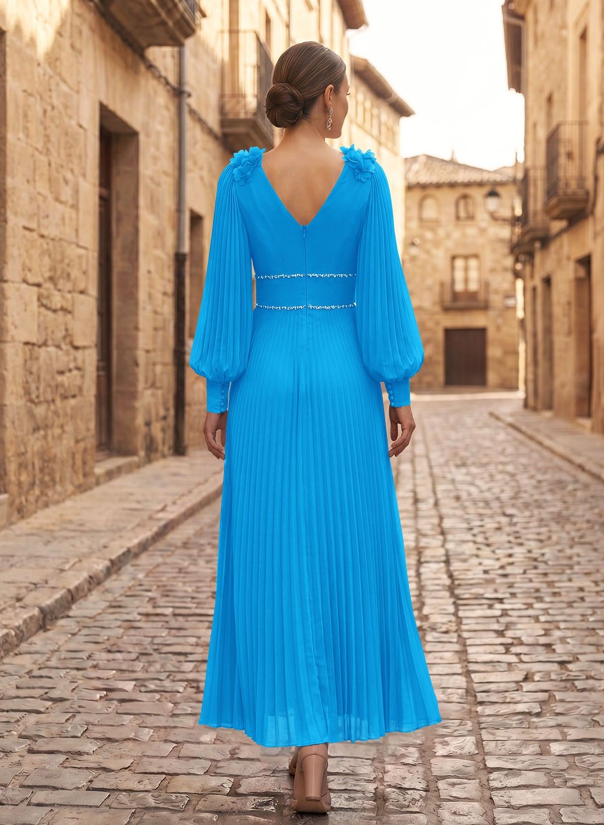 A-Line V-Neck Long Sleeves Ankle-Length Chiffon Mother Of The Bride Dresses