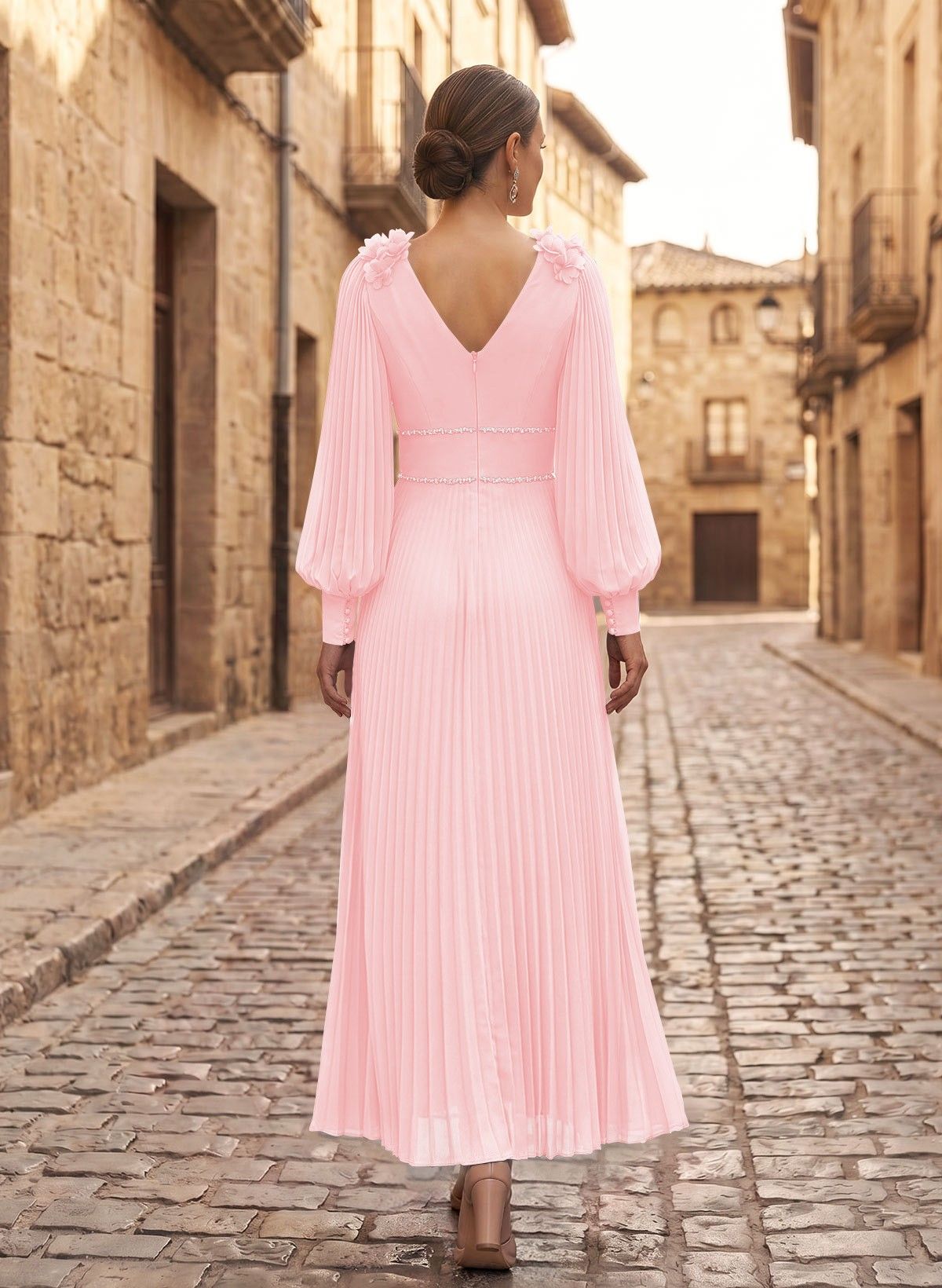 A-Line V-Neck Long Sleeves Ankle-Length Chiffon Mother Of The Bride Dresses