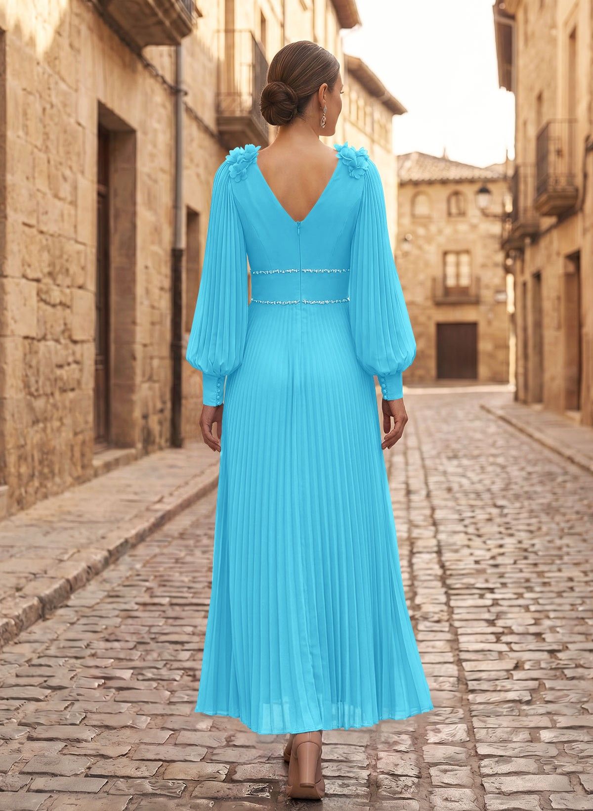 A-Line V-Neck Long Sleeves Ankle-Length Chiffon Mother Of The Bride Dresses