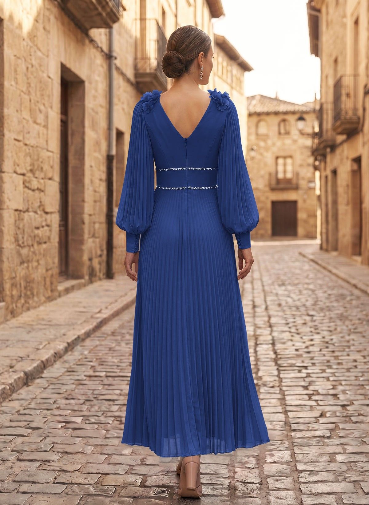A-Line V-Neck Long Sleeves Ankle-Length Chiffon Mother Of The Bride Dresses