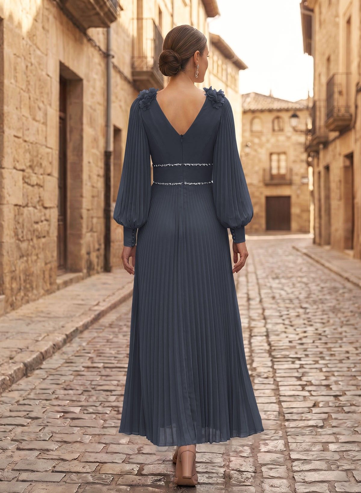A-Line V-Neck Long Sleeves Ankle-Length Chiffon Mother Of The Bride Dresses