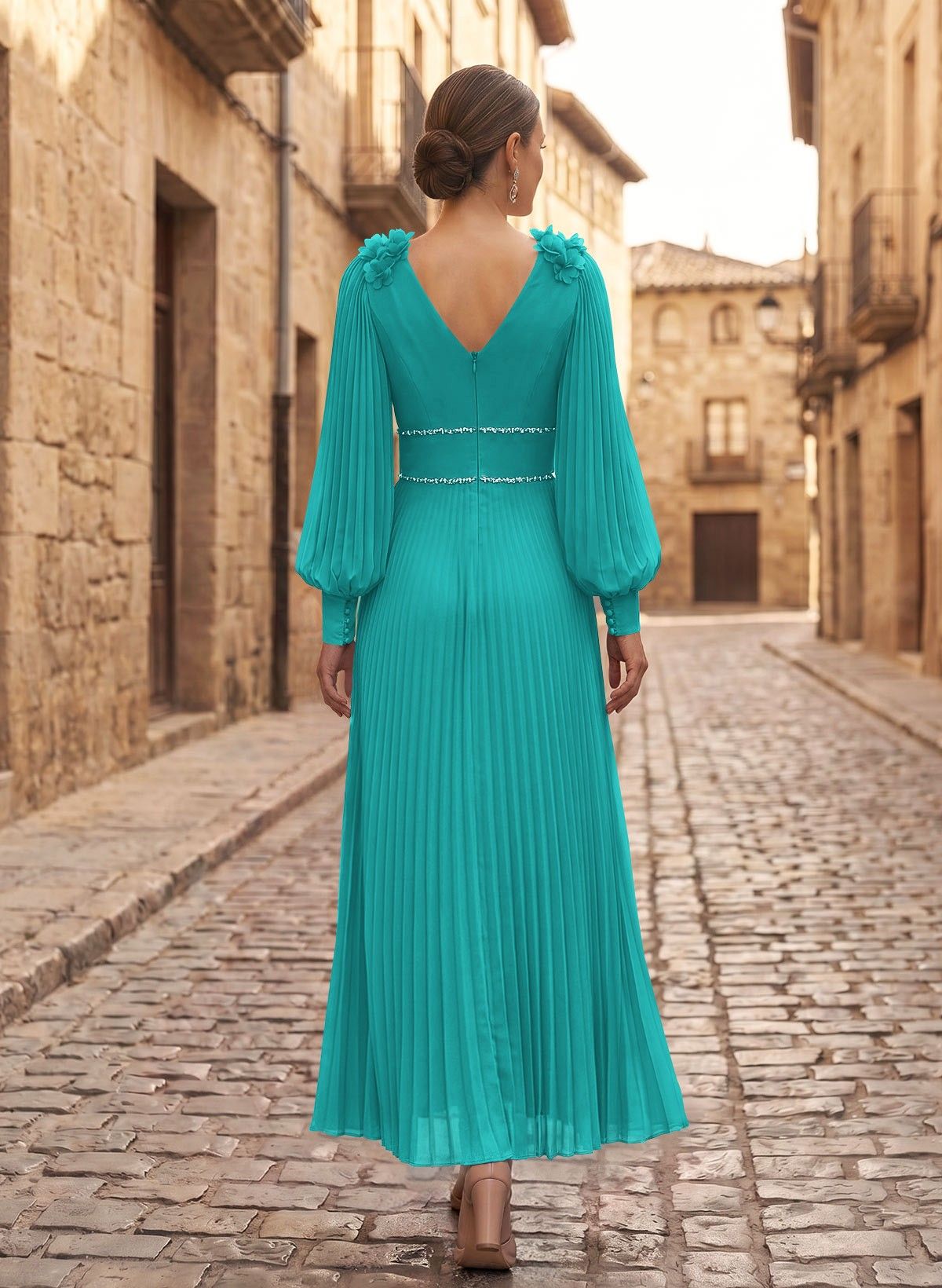 A-Line V-Neck Long Sleeves Ankle-Length Chiffon Mother Of The Bride Dresses